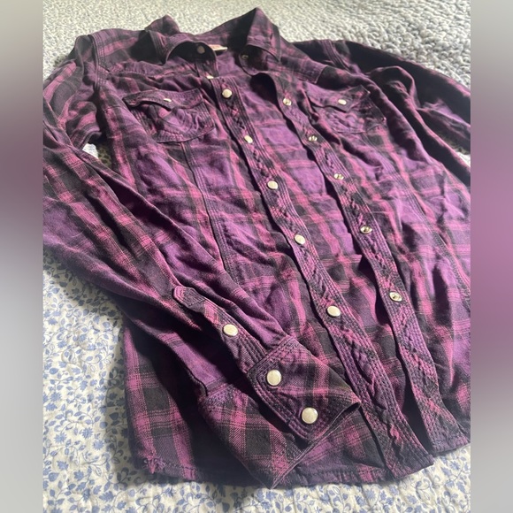 TRUE RELIGION Western Pearl Snap Purple Plaid Size W Small - Picture 4 of 13